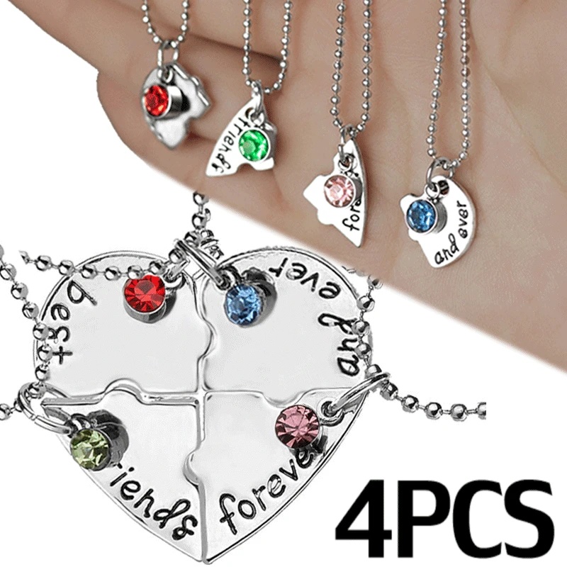 4pcs/set Selamanya Sahabat Hati Paduan Liontin Kalung/Multicolor Berlian Imitasi Persahabatan Perhiasan Aksesoris