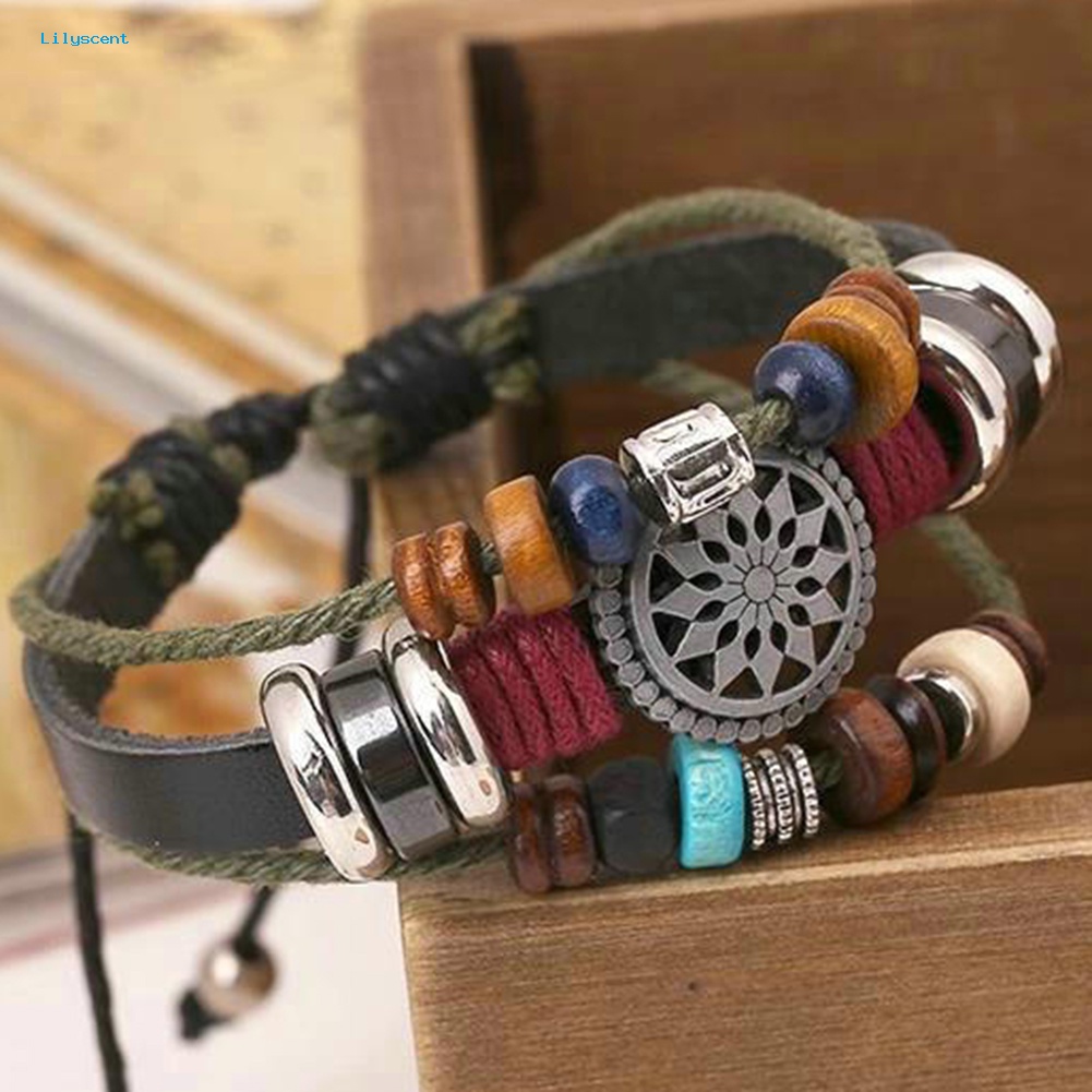 Lilyscent Boho Wanita Multi Layer Manik-Manik Anyaman Tali Kulit Gelang Adjustable Perhiasan