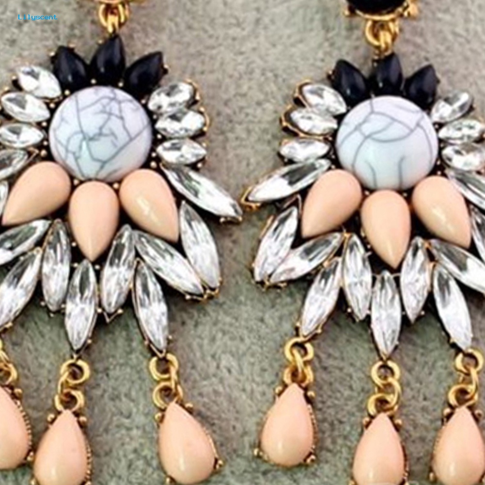 Lilyscent Retro Wanita Kristal Berlian Imitasi Bunga Menjuntai Studs Earrings Pernyataan Perhiasan