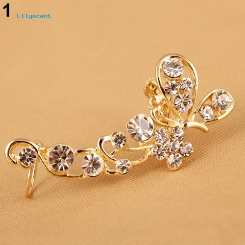 Lilyscent Retro Kristal Imitasi Kupu-Kupu Bunga Telinga Cuff Stud Earring Clip on Untuk Telinga Kanan