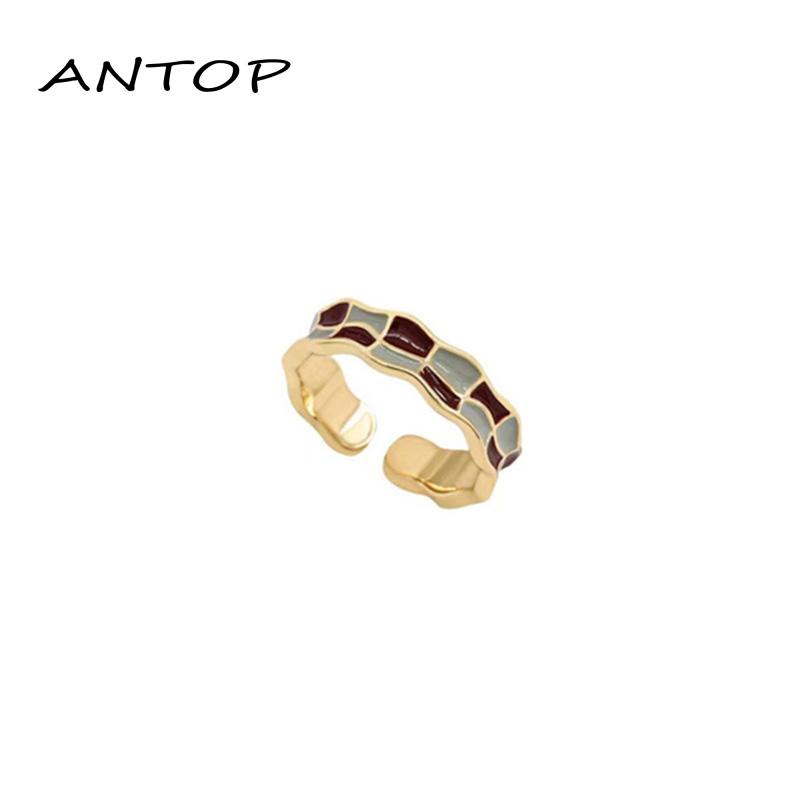 [Antop Termurah] Cincin Jari Telunjuk Terbuka Enamel Chessboard Plaid Ring Women Design Sense French Vintage