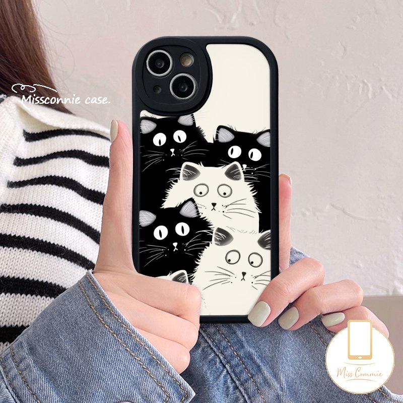 IPHONE Casing Ponsel Kucing Hitam Putih Kartun Lucu Kompatibel Untuk Iphone11 14 12 13 Pro Max XR 6 6s 78 Plus X XS Max SE 2020 7plus Pasangan Lucu Tpu Soft Back Cover