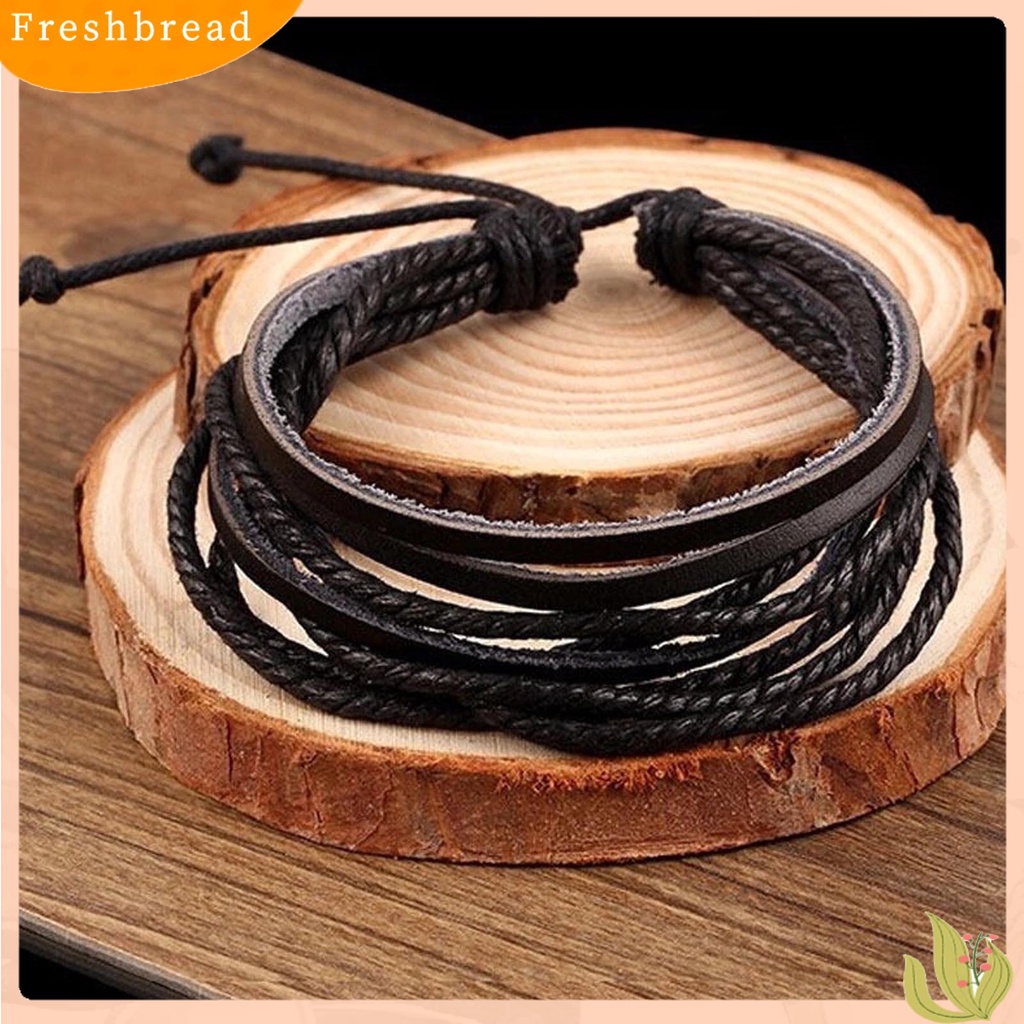 &lt; Freshbread &gt; Men Bracelet Vintage Multi Layers Faux Leather All Match Gelang Cowok Untuk Hadiah