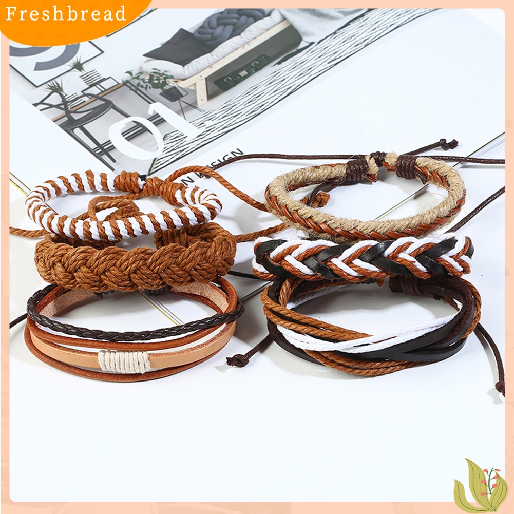 < Freshbread > 6Pcs Vintage Pria Dikepang Tali Kulit Imitasi Gelang Tangan Set Perhiasan Hadiah