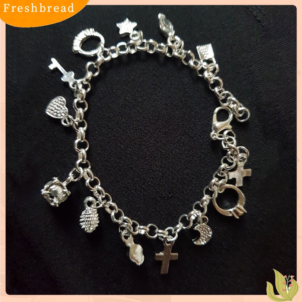 &lt; Freshbread &gt; Wanita Perak Berlapis Salib Bulan Bintang13 Charms Liontin Gelang Bangle Perhiasan