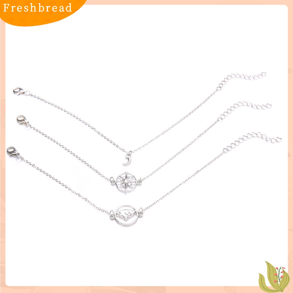 &lt; Freshbread &gt; 3Pcs Boho Multilayer Wanita Berongga Kompas/Gunung/Bulan Pesona Gelang Rantai