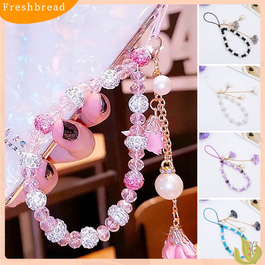 &lt; Freshbread &gt; Wanita Gelang Kristal Imitasi Manik-Manik Bunga Liontin Mutiara Imitasi Pendek Hias Portabel Lady Gelang Ponsel Tali Lanyard Aksesori Busana