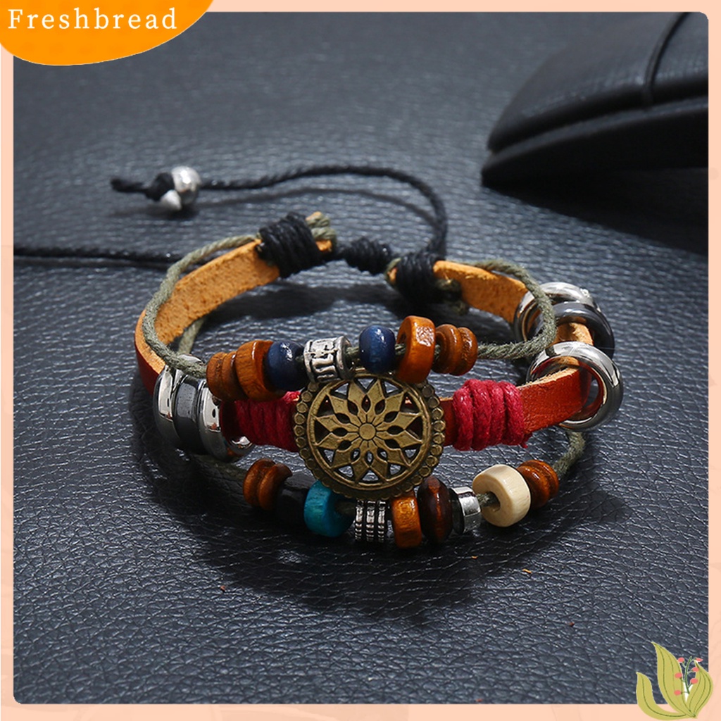 &lt; Freshbread &gt; Gelang Kulit Imitasi Vintage Tiga Lapisan Dikepang Bungkus Manik-Manik Kayu Adjustable Hias Hadiah Pria Wanita Gelang Tali Bangle Perhiasan Untuk Pakaian Sehari-Hari