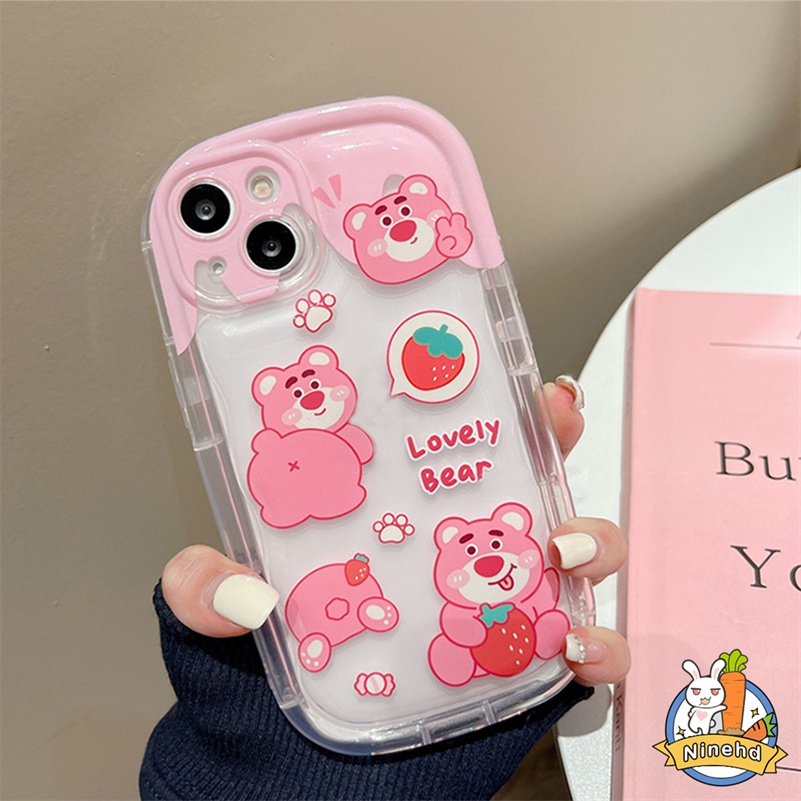IPHONE Casing Kompatibel Untuk Iphone14 13 12 11 Pro Max X Xr Xs Max8 7 6 6s Plus Kartun Lucu Strawberry Bear Phone Case Clear Airbag Cushion Silikon Tebal Shockproof Cover Pelindung
