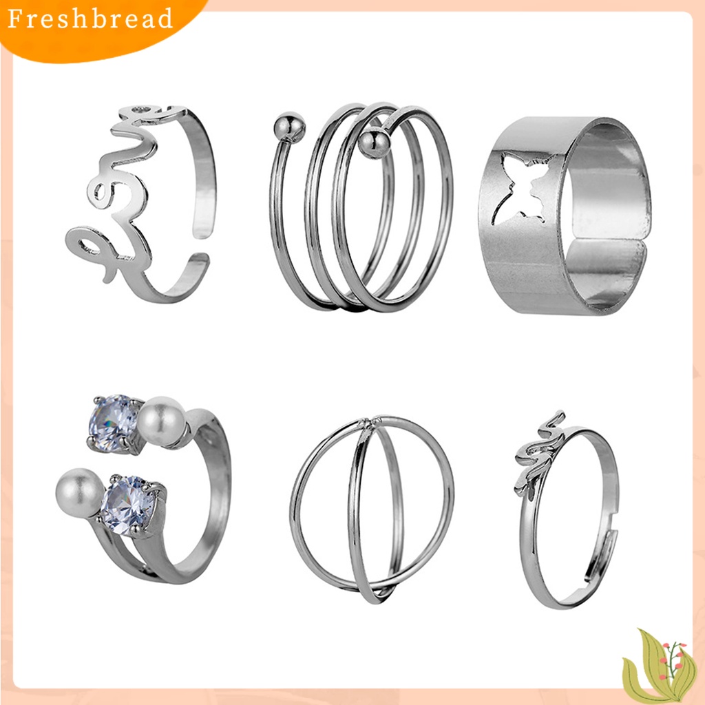 &lt; Freshbread &gt; 6Pcs Cincin Jari Huruf Kupu-Kupu Mutiara Imitasi Pria Wanita Bukaan Adjustable Ins Style Rings Fashion Jewelry