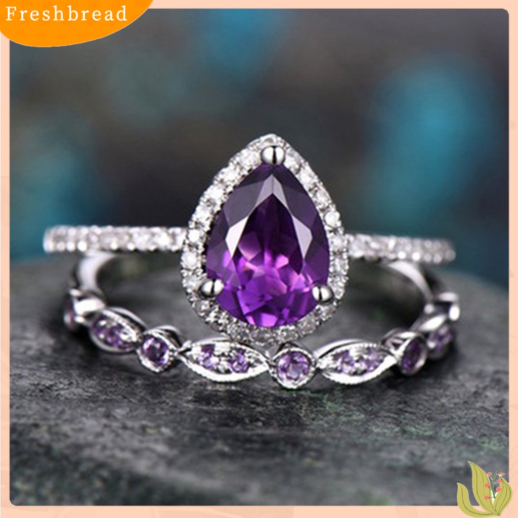 &lt; Freshbread &gt; 2 Pcs Wanita Cincin Mewah Ungu Berlian Imitasi Mengkilap Penuh Berlian Imitasi Bertatahkan Berkilau Hias Hadiah Wanita Lamaran Cincin Perhiasan Pernikahan Aksesori Busana