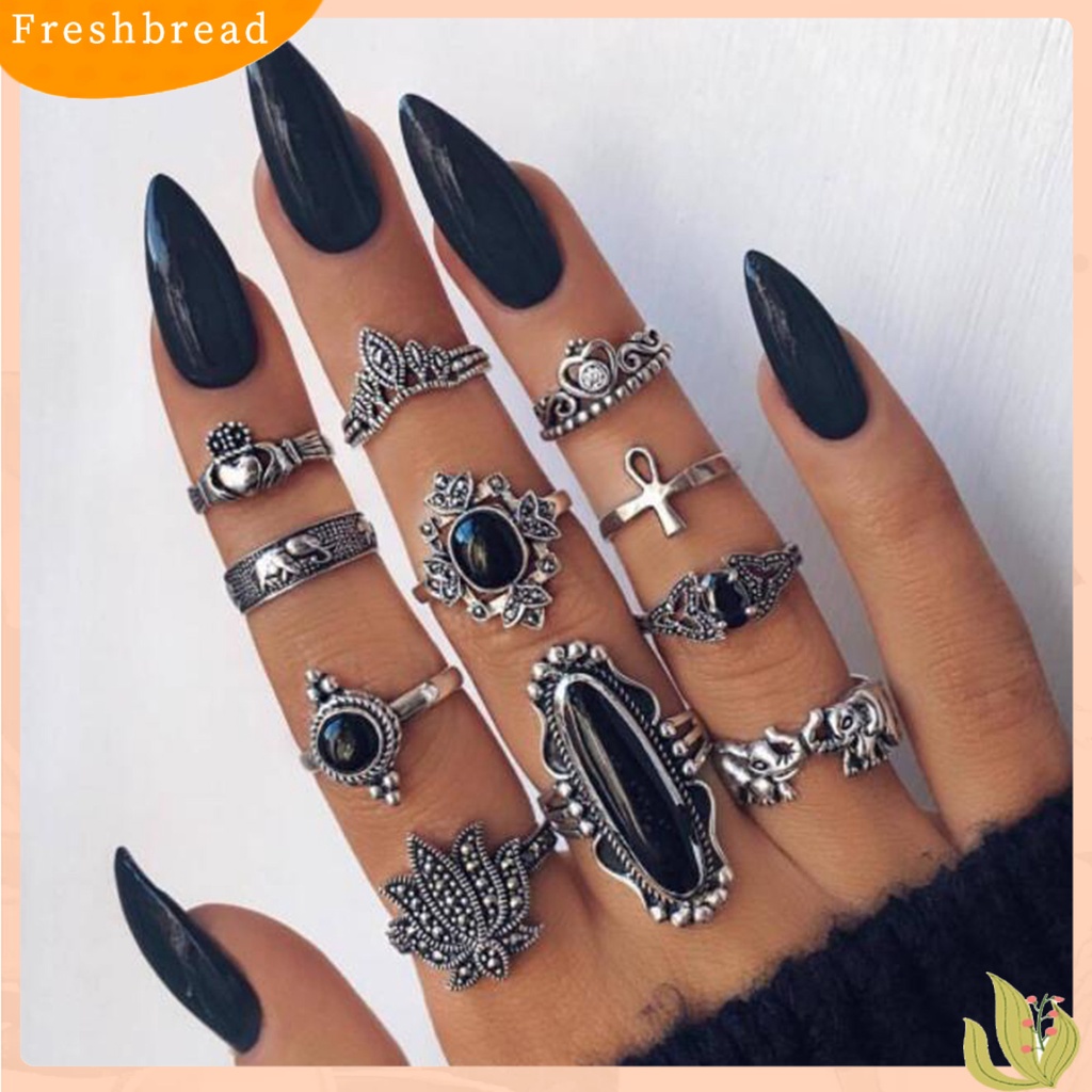 &lt; Freshbread &gt; 11 /13 /15Pcs Cincin Buku Jari Ukir Bunga Dapat Ditumpuk Alloy Bohemia Hitam Faux Permata Jari Rings Perhiasan Aksesori