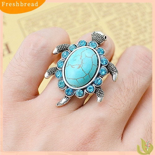 &lt; Freshbread &gt; Fashion Wanita Pirus Pola Kura Biru Berlian Imitasi Bertatahkan Jari Cincin