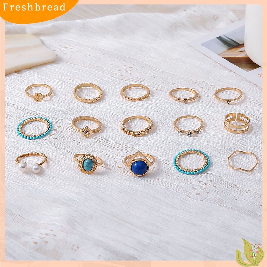 &lt; Freshbread &gt; 15 Pcs Turquoise Faux Pearls Decor Knuckle Rings Wanita Vintage Bersinar Jari Cincin Aksesoris Perhiasan