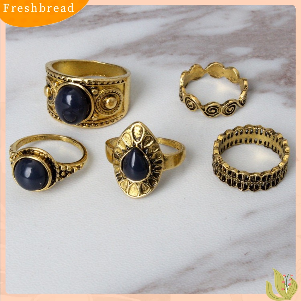 &lt; Freshbread &gt; 5Pcs/Set Bohemian Vintage Batu Biru Alloy Jari Cincin Wanita Menawan Perhiasan