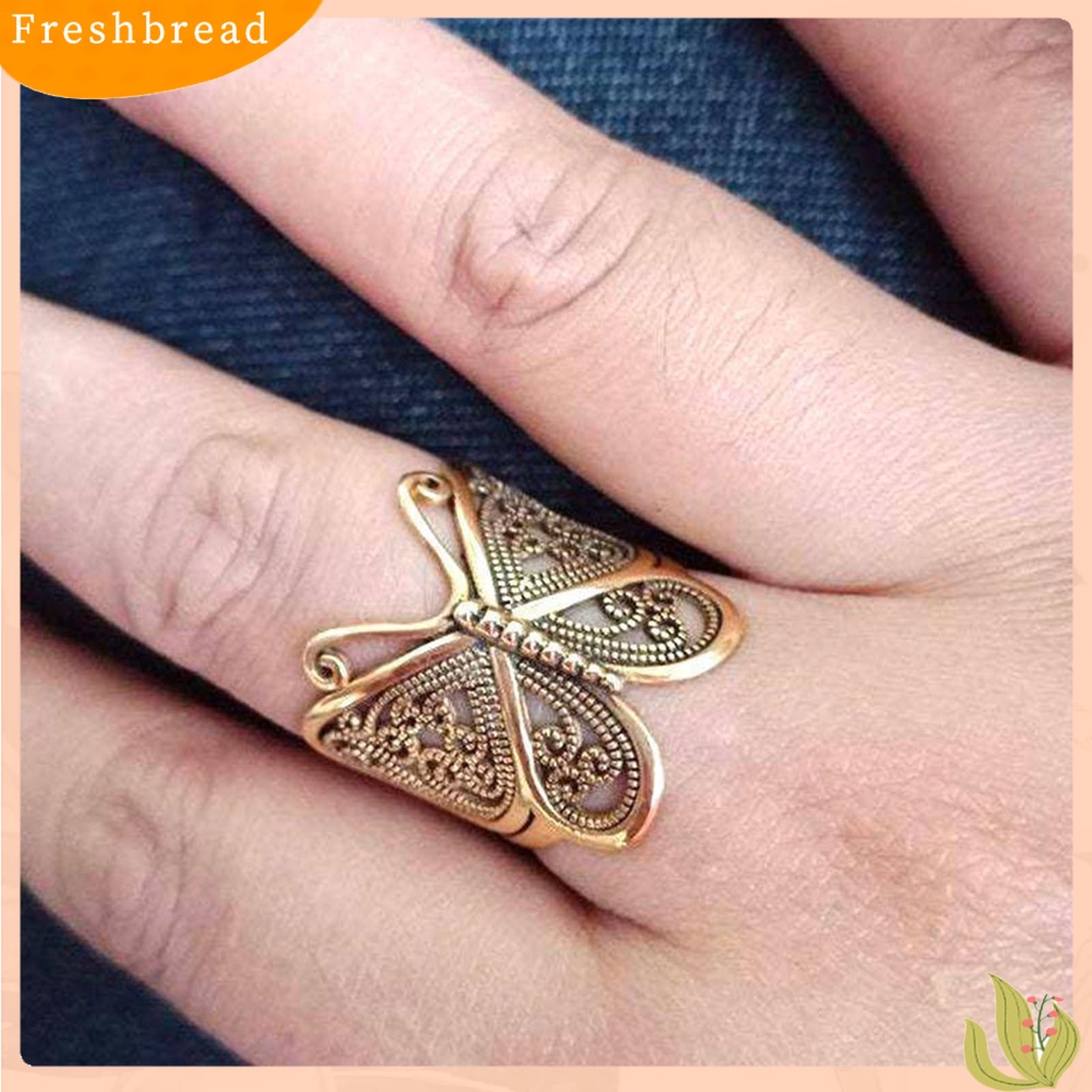 &lt; Freshbread &gt; Wanita Cincin Ukir Elegan Hypoallergenic Warna Emas Perak Retro Kupu-Kupu Jari Cincin Perhiasan Fashion