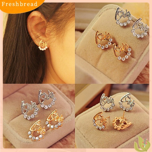 &lt; Freshbread &gt; Fashion Wanita Elegan Berlian Imitasi Mengkilap Cinta Surat Telinga Stud Anting Perhiasan