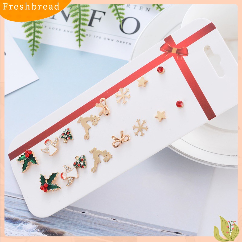 &lt; Freshbread &gt; 8pasang Pohon Natal Elk Snowflake Gingerbread Man Ear Stud Earrings Jewelry