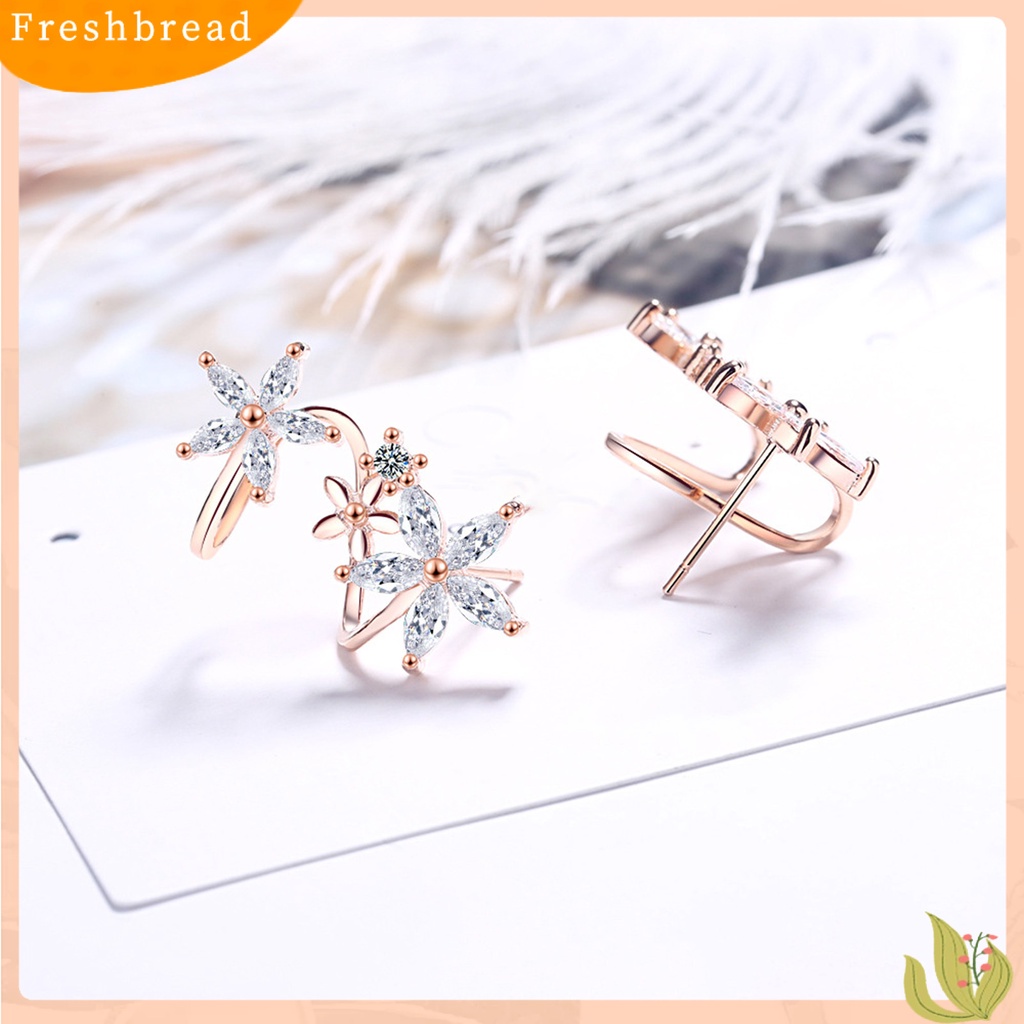 < Freshbread > 1pasang Anting Klip Wanita Bentuk Bunga Arc Perhiasan Cubic Zirconia All Match Manset Telinga Untuk Pesta
