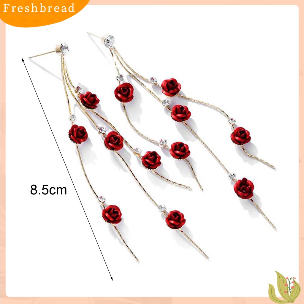 < Freshbread > 1pasang Anting Wanita Bentuk Mawar Rumbai Manis Berlian Imitasi Menjuntai Anting Untuk Hadiah