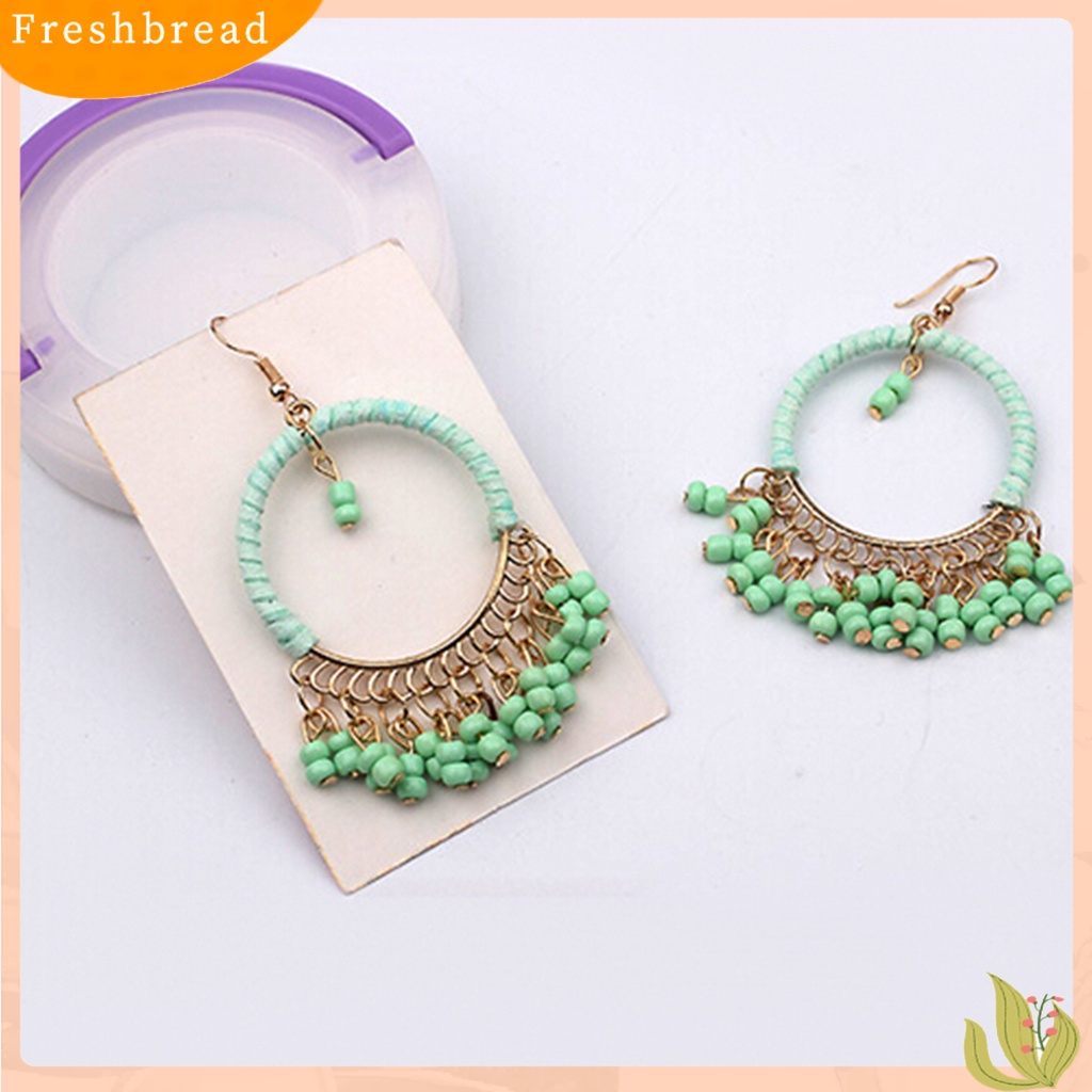 &lt; Freshbread &gt; 1pasang Anting Gaya Boho Manik-Manik Rumbai Desain Alloy Anting Kait Menjuntai Untuk Pakaian Sehari-Hari