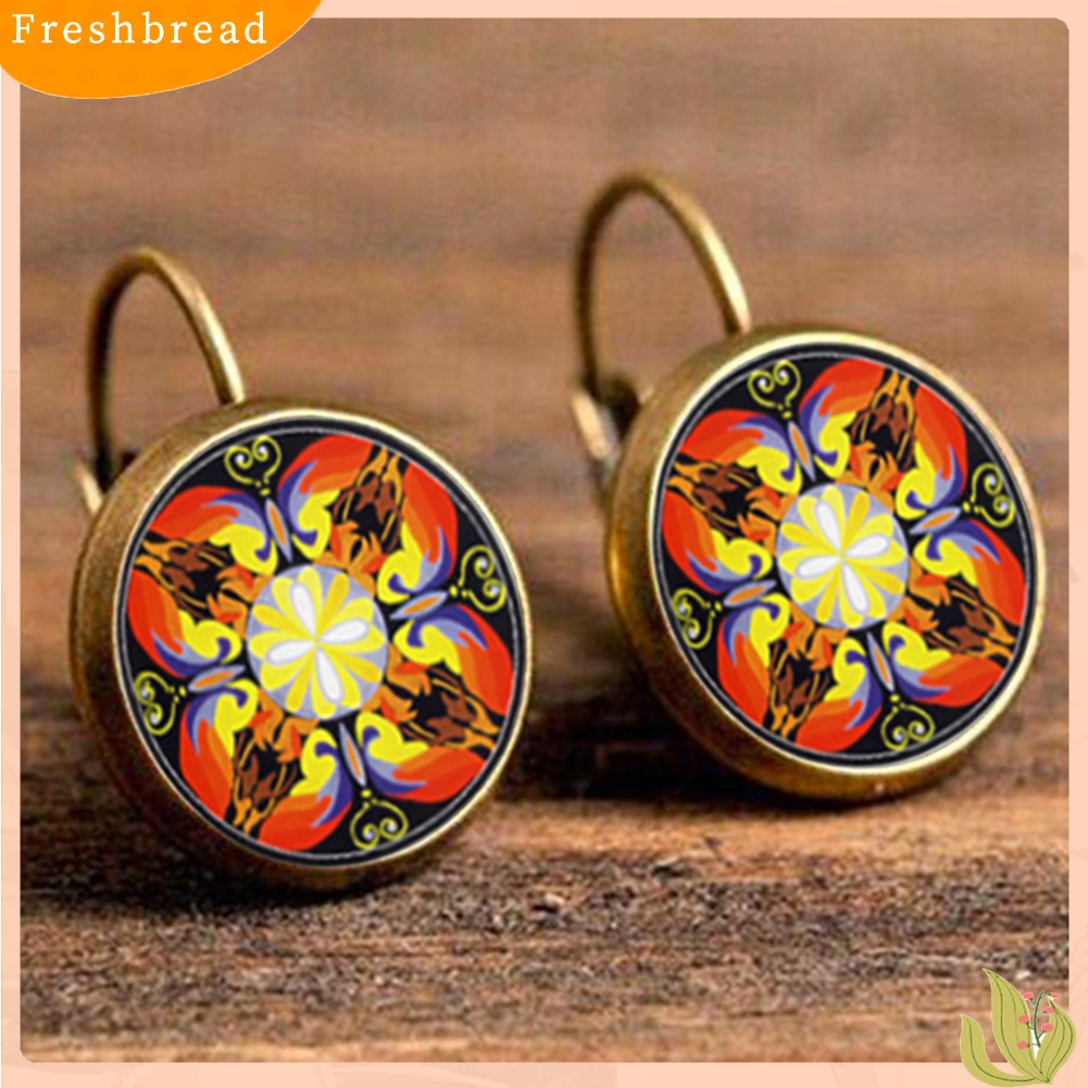 &lt; Freshbread &gt; Multicolor Mandala Bunga Lingkaran Faux Permata Ear Studs Wanita Leaverback Earrings