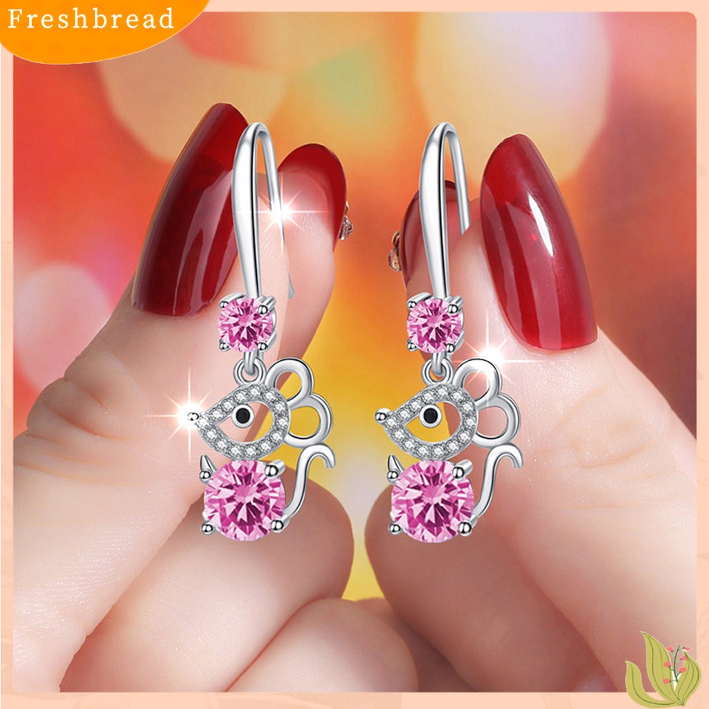 &lt; Freshbread &gt; Wanita Bergaya Berlian Imitasi Bentuk Tikus Alloy Anti-Alergi Kait Anting Eardrop