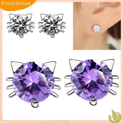 &lt; Freshbread &gt; Gadis Lucu Bersinar Telinga Kucing Giwang925 Sterling Perak Zirkon Anting Perhiasan