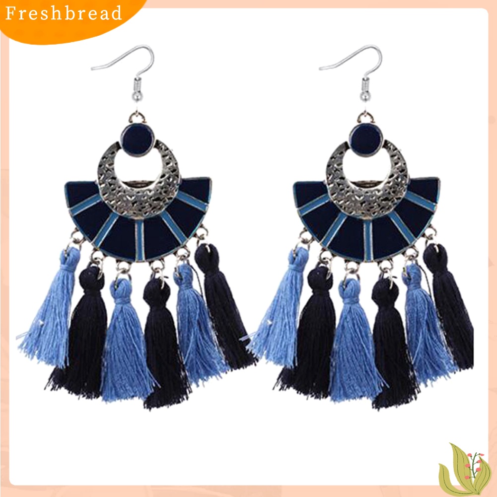 &lt; Freshbread &gt; Wanita Etnik Bentuk Kipas Warna-Warni Rumbai Menjuntai Drop Hook Anting Perhiasan Hadiah