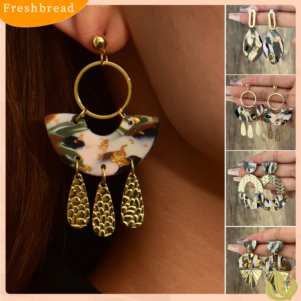 &lt; Freshbread &gt; 1pasang Drop Earrings Retro Tekstur Berlebihan Geometris Electroplating Cetak Jernih Hadiah Hias Cinta Hati Oval Liontin Stud Earrings Wanita