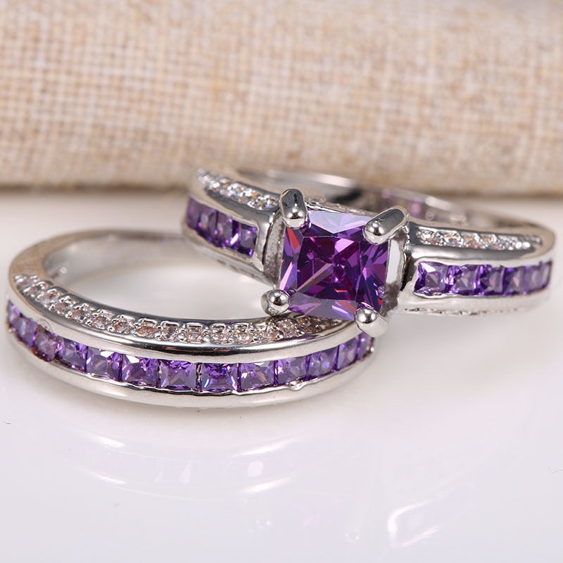 Goldkingdom Aksesoris Perhiasan Fashion Ready Stock Amethyst Square Diamond Princess Set Cincin Wanita Stylish Full Berlian Engagement Ring