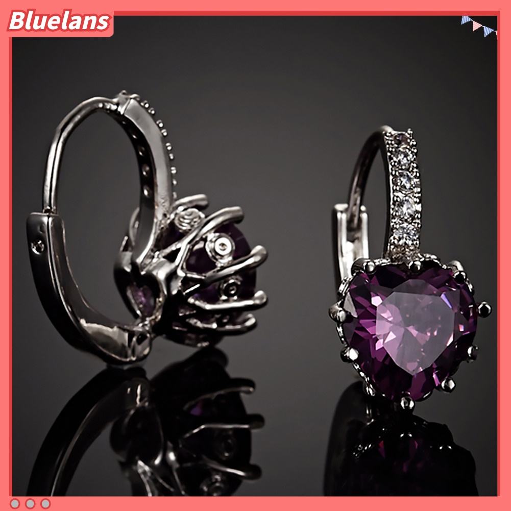 {In Stock} Wanita Elegan Ungu Bentuk Hati Berlian Imitasi Berlapis Emas Leverback Hoop Earrings