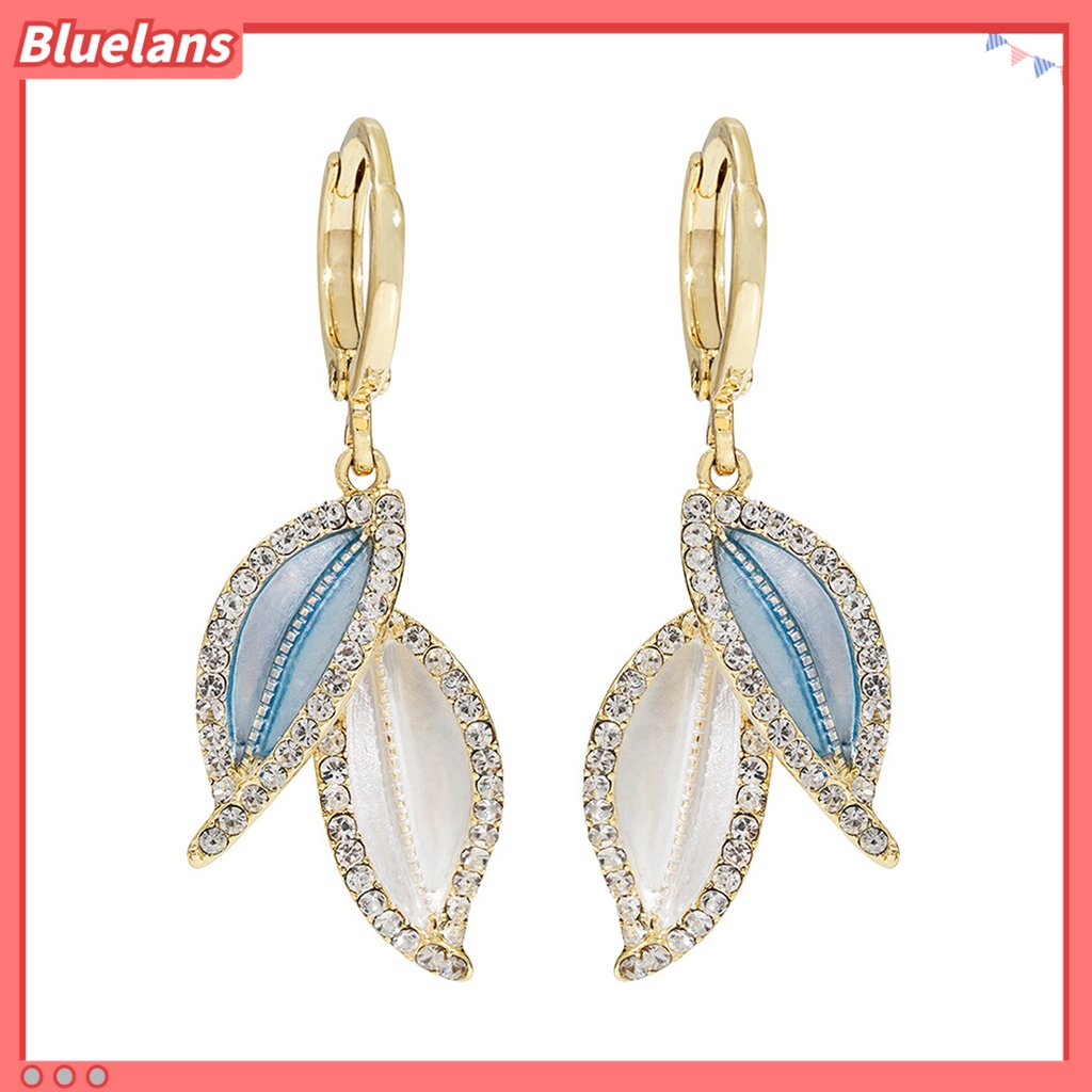 {In Stock} 1pasang Anting Menjuntai Gaya Retro Elegan Temperamen Hadiah Berkilau Berlian Imitasi Daun Biru Wanita Drop Earrings Perhiasan Aksesoris