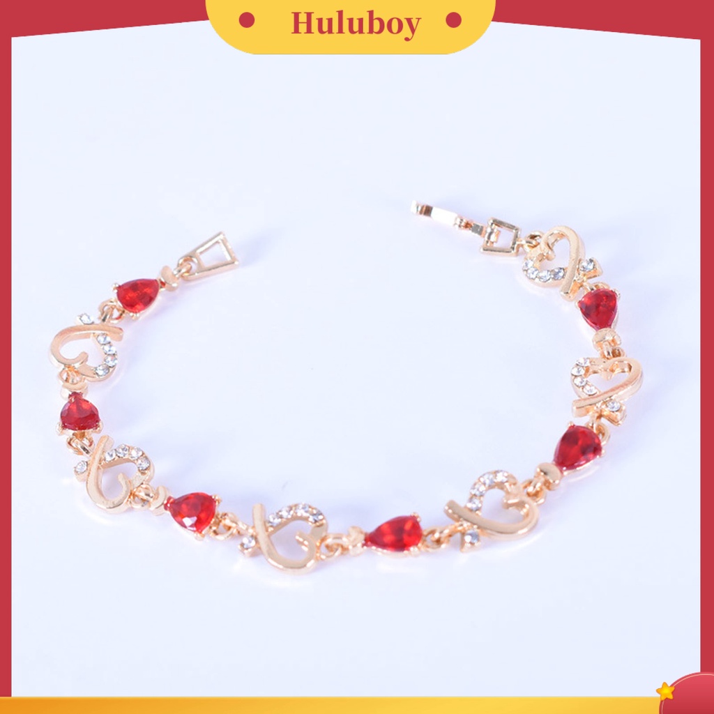 Gelang Rantai Desain Hati Hollow Aksen Berlian Imitasi Warna Merah Bahan Alloy Untuk Wanita