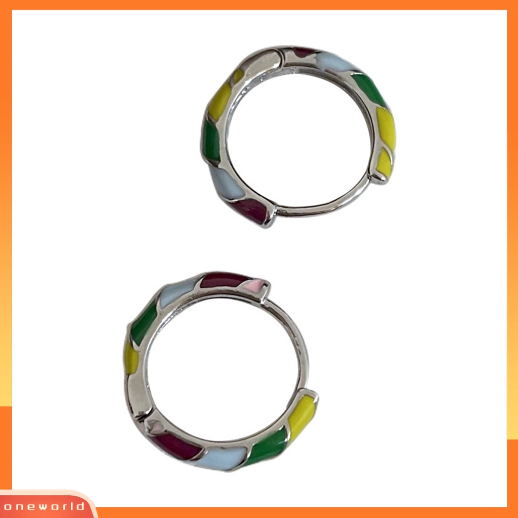 [OWR] 1pasang Anting Stud Warna Kontras Enamel High Gloss Tahan Luntur Dekorasi Barang Fashion Tidak Alergi Rainbow Bulat Lingkaran Hoop Earrings Aksesori Perhiasan