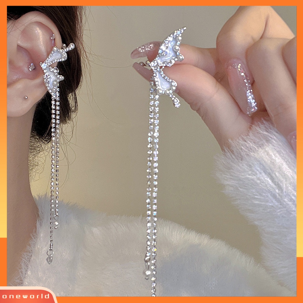 [OWR] 1pasang Manset Telinga Non-Piercing Rumbai Panjang Mutiara Imitasi Peri Elegan Berlian Imitasi Kupu-Kupu Tulang Rawan Klip Anting Perhiasan Fashion