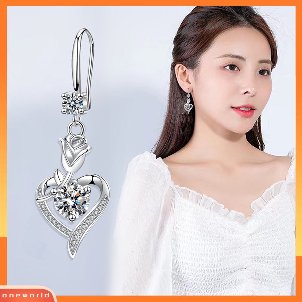 [OWR] 1pasang Anting Hoop Bersinar Cubic Zirconia Geometris High-end Liontin Berdandan Hypoallergenic Bunga Mawar Hati Menjuntai Anting Perhiasan Fashion