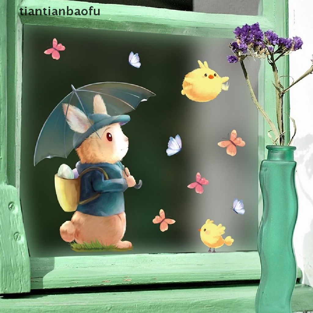 [tiantianbaofu] 1pc Happy Easter Stiker Jendela Kaca Warna Warni Bunny Eggs Wall Decal 20x30cm Butik