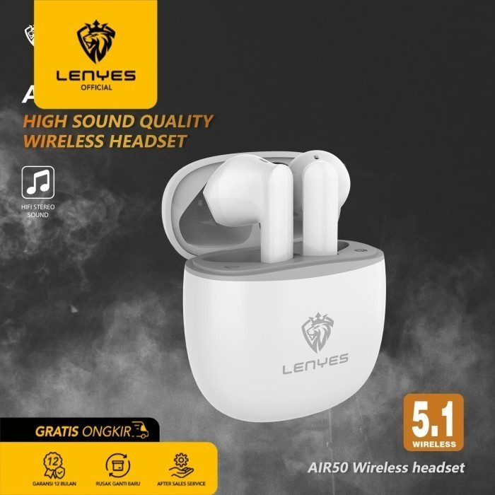 LENYES TWS Earphone Air 50 True Wireless Headset Bass Hi-Fi Bluetooth - Putih headset handsfree earbud rechargeable stereo in ear mini