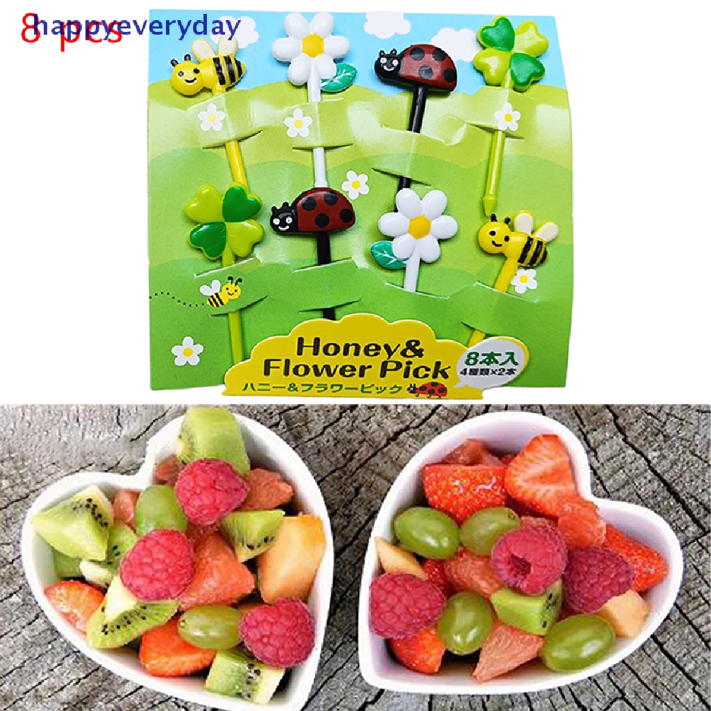 [happy] 8pcs/set Mini Kartun Lebah Garpu Buah Anak Snack Dessert Picks Tookpick Makan Siang [ID]