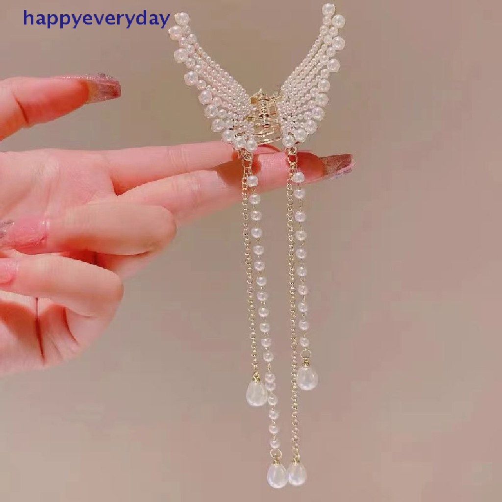 [happy] Tassel Butterfly Pearl Hair Clip Wanita Hair Claw Jepit Rambut Rambut Hairaksesoris Rambut Kepiting [ID]