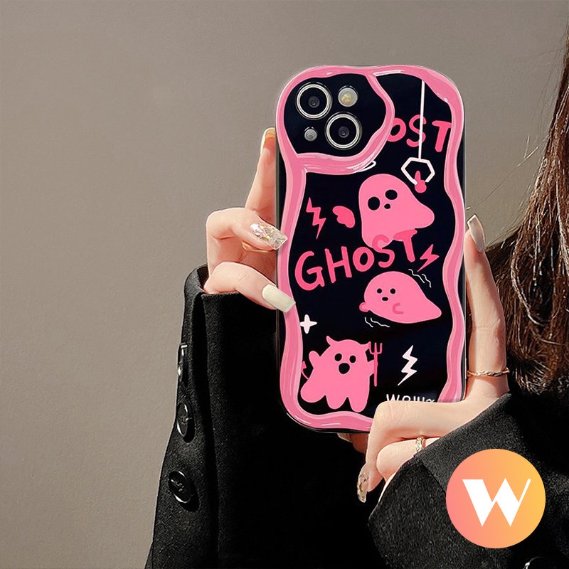 IPHONE Casing Ponsel Lucu Pink Soul Ghost Kompatibel Untuk Iphone7 8 6 6s Plus 11 13 12 14 Pro Max XR X XS Max SE 2020 3D Wavy Curved Edge Tpu Lembut Glossy Shockproof Cover