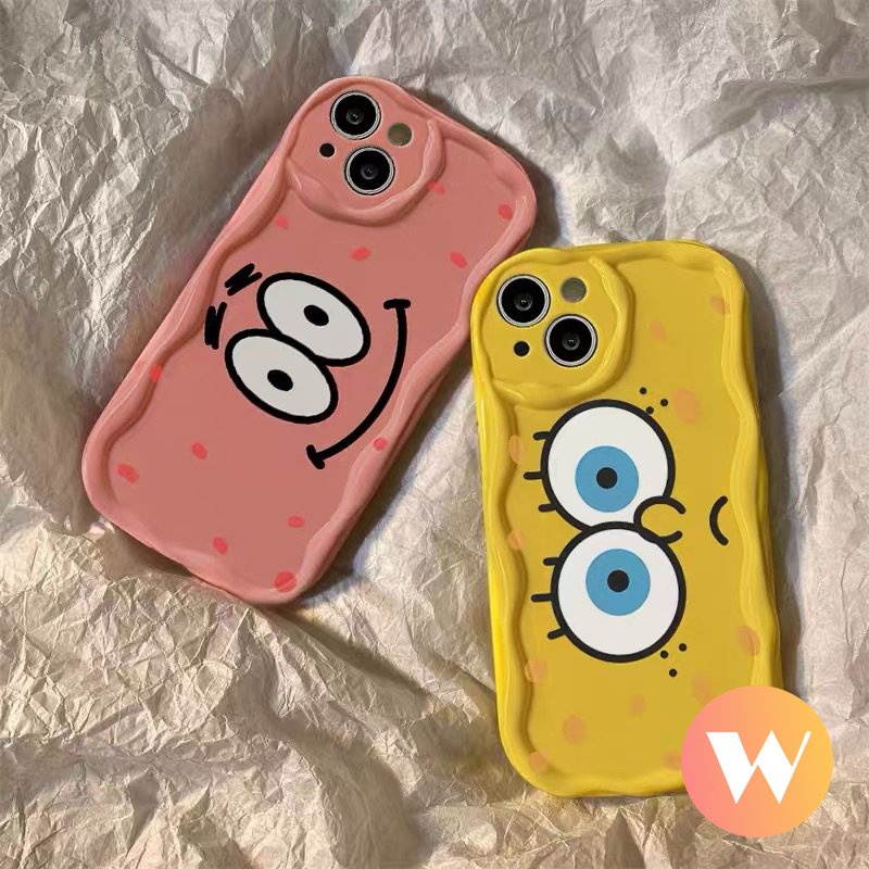 IPHONE Casing Glossy Tepi Melengkung Bergelombang 3D Kompatibel Untuk Iphone11 13 12 14 Pro Max 7Plus XR 6 7 6s 8 Plus X XS Max SE 2020 Kartun Lucu SpongeBob Patrick Star Shockproof Airbag Soft Cover