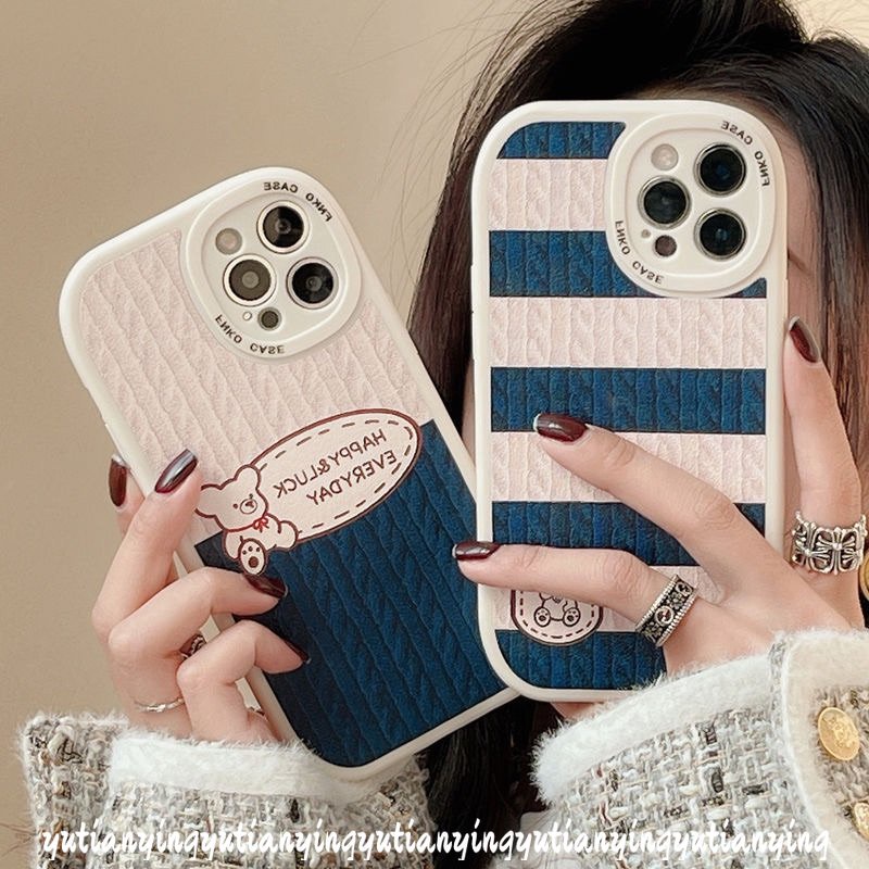 Creative Knitting Pattern Stripe Splicing Casing Infinix Hot 10s 11s Note 8 10T Hot 10 Lite Hot 11 Play 10 9 Smart 6 5 Cute Cartoon Milk Tea Bear Soft TPU Case Cover