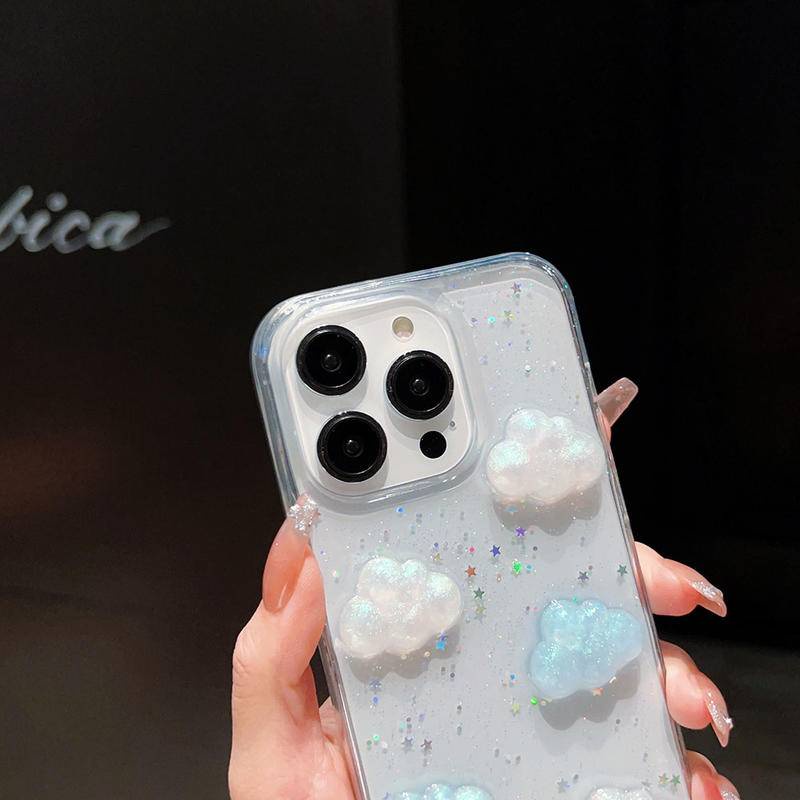 Casing Ponsel 3D Awan Glitter Untuk iPhone 14 13 12 11 Pro MAX Plus Mini Bintang Payet Bening Lembut Pelindung Cover Untuk iPhone X XS MAX XR 7 8 Plus SE 2022 2020 14Plus 13Mini 12Mini