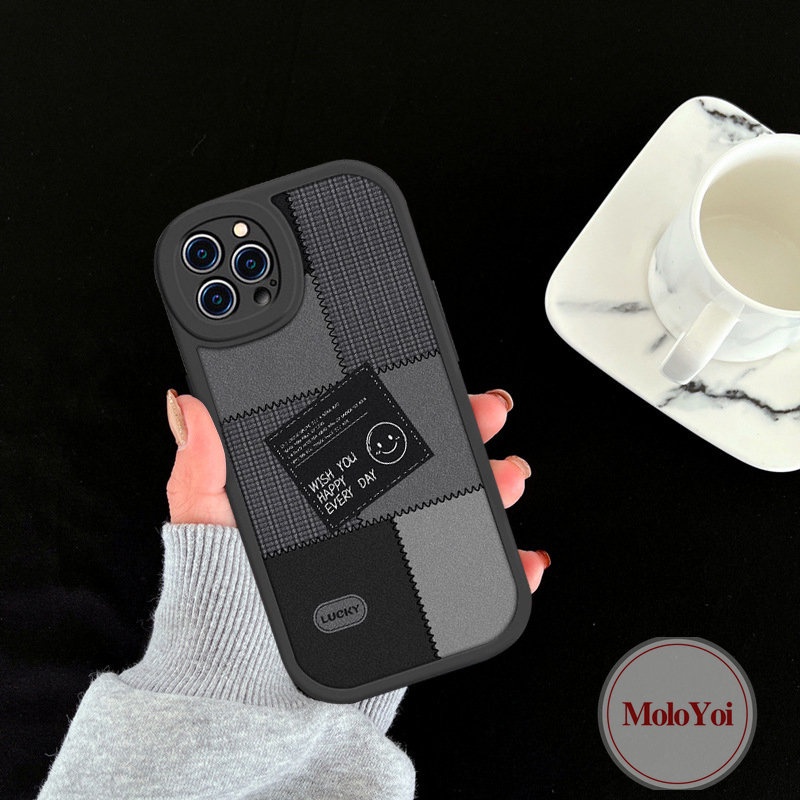 Case Kompatibel Untuk iPhone 7Plus 11 13 12 14 Pro Max XR 6s 6 7 8 Plus X XS Max SE 2020 Pasangan Lucu Smiley Jahitan Ins Fashion Label Hitam Lembut Tpu Phone Cover