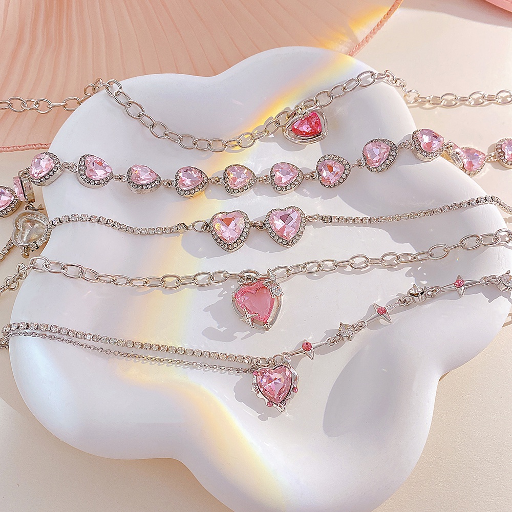 Fashion Perak Kalung Manis Merah Muda Zirkon Liontin Kalung Sayap Busur Kupu-Kupu Hati Kunci Rantai Choker Untuk Aksesoris Wanita