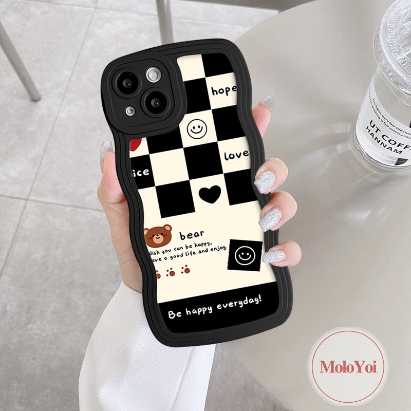 Chessboard Cute Bear Case Kompatibel Untuk iPhone 7Plus 11 14 13 12 Pro Max 14 6s 6 7 8 Plus XR X XS Max SE 2020 Wavy Edge Lembut Tpu Pasangan Smile Love Heart Cover