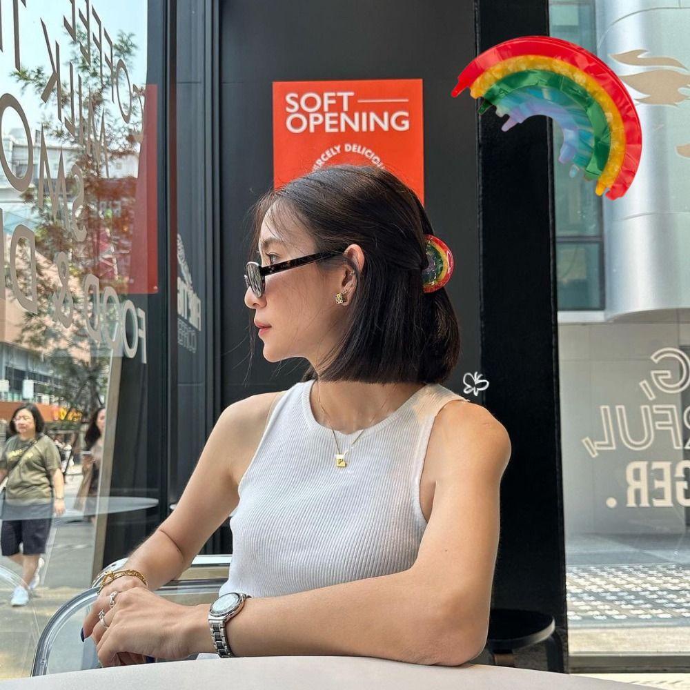 Agustina Rainbow Hair Claw Elegan Vintage Pesta Hiasan Kepala Besar Jepit Rambut Fashion Hiasan Kepala Geometri Korea Hairgrips Klip Hiu Asetat