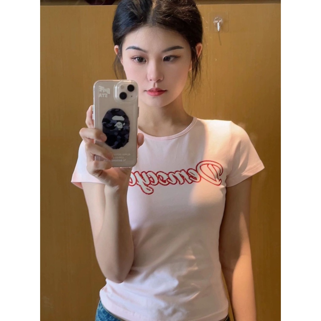 Red American hot girl bm style letter front shoulder short-sleeve t-shirt female versi Korea slim slim short top ins sweet and spicy pure desire